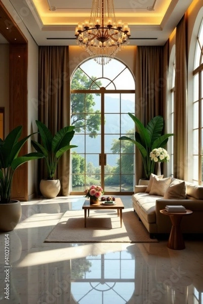 Fototapeta Modern wedding suite design with leaf motifs in a luxurious hotel lobby, greenery, luxury