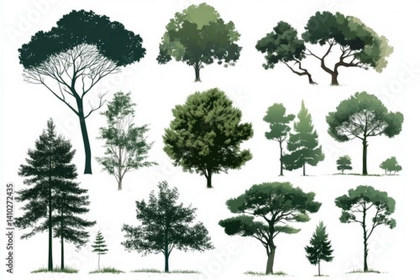 Fototapeta Collection of various tree silhouettes.  Different types of trees, foliage, and shapes are shown.  Ideal for illustrations, design projects, or digital art.  Various sizes and species are displayed