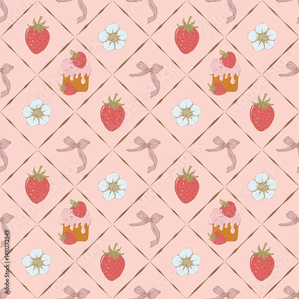 Obraz Cute seamless pattern with strawberries, flowers, bow and cake. Hand drawn sweet food background for textile, printing, packaging
