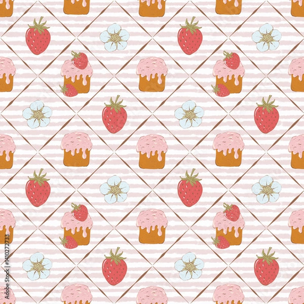 Obraz Cute seamless pattern with strawberries, flowers, bow and cake. Hand drawn sweet food background for textile, printing, packaging