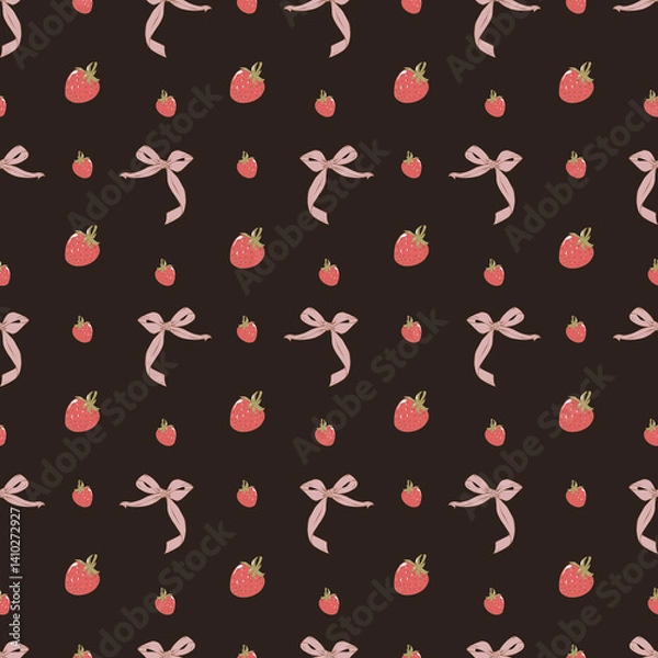 Obraz Fruit seamless pattern with strawberries and bow. Hand drawn food background for textile, printing, packaging