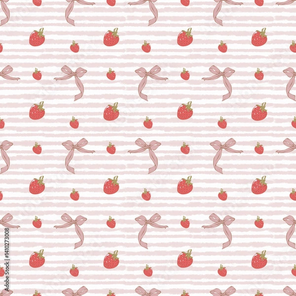 Obraz Fruit seamless pattern with strawberries and bow. Hand drawn food background for textile, printing, packaging