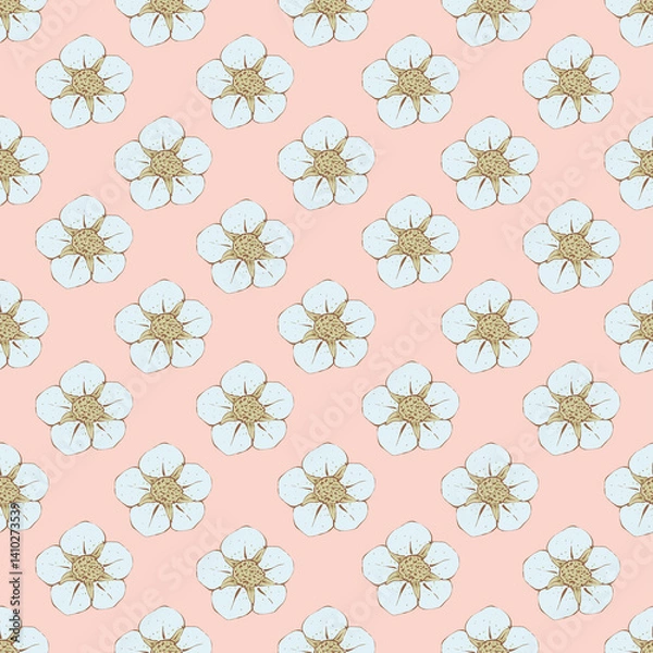 Obraz Floral seamless pattern with blue flowers on a pink background. Hand drawn botanical illustration in pastel colors.
