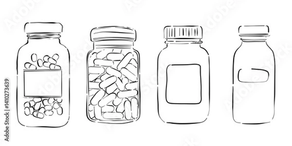 Fototapeta Hand-drawn doodle sketch set of four jars with pills and capsules. A clean and simple illustration, perfect for pharmaceutical branding, medicine packaging, health-related designs