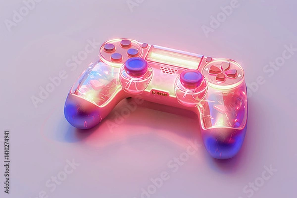 Fototapeta Gamepad illuminated in coral orange and blue on blue background. Glowing game controller for video games and e-sports