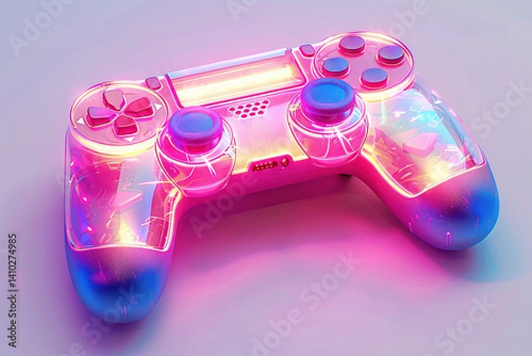 Fototapeta Closeup of gamepad illuminated in pink and blue on violet background. Glowing game controller for video games and e-sports