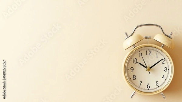 Obraz A vintage pastel yellow alarm clock rests on a minimalist beige background providing ample copy space ideal for time management concepts and wake up call related designs.