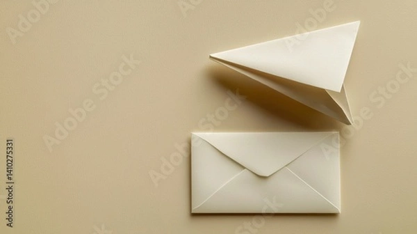 Obraz A minimalist beige background features a paper airplane soa above a closed cream-colored envelope symbolizing fast email delivery and efficient communication.