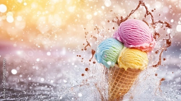 Fototapeta Joyful Scoop: A colorful ice cream cone with three scoops of refreshing ice cream bursts forth in a splash of water, capturing a feeling of joyful bliss