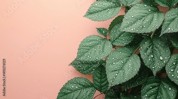 Obraz Lush green leaves with water droplets adorn a soft pink background providing a vibrant natural backdrop ideal for various design projects showcasing freshness and serenity.