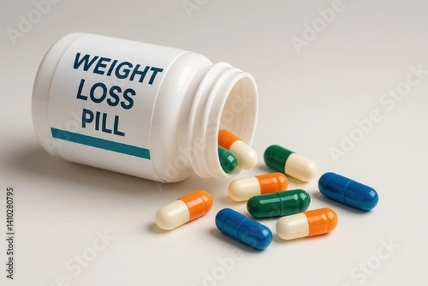 Fototapeta Weight Loss Pill Prescription Drug with Colorful Capsules for Diet Medication and Appetite Suppression to Boost Metabolism