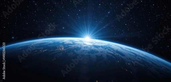 Fototapeta A breathtaking view of Earth from space, showcasing vibrant blue oceans, swirling white clouds, and lush green landmasses, all set against the vast, dark backdrop of the cosmos.