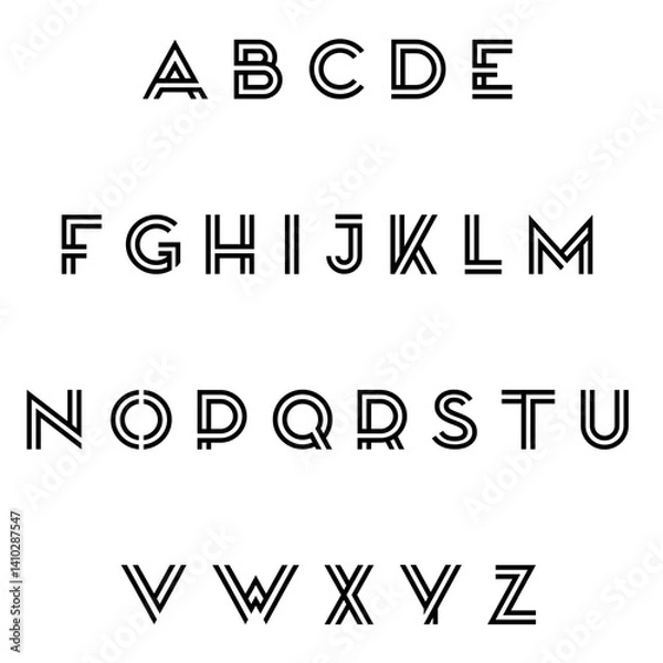 Fototapeta Modern decorative English alphabet with double-line design, featuring clean geometric shapes ideal for logos, monograms, emblems, and initials