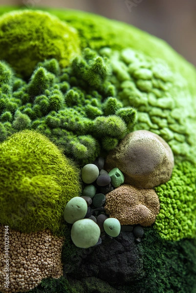 Fototapeta Close-up of a round stabilized moss terrarium, with different shades of green and small decorative stones, placed on a wooden desk.