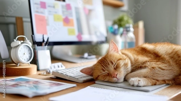 Fototapeta A cozy home office scene featuring a sleeping orange cat on a desk, with a computer, clock, and various office supplies in the background.