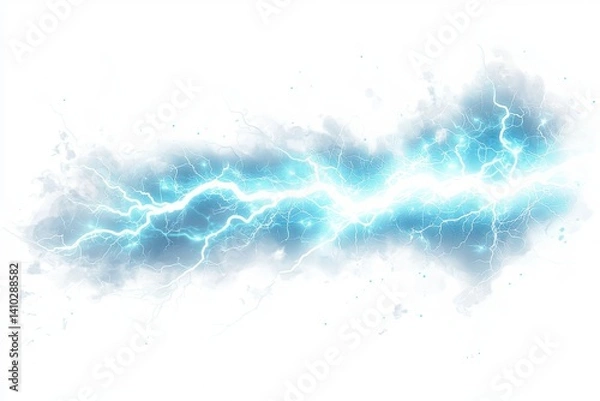 Fototapeta A cyan lightning bolt strike with cloudy and particle-like effects on a white background