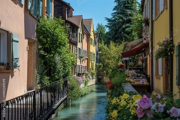 Fototapeta Charming canal town view with colorful buildings and lush greenery