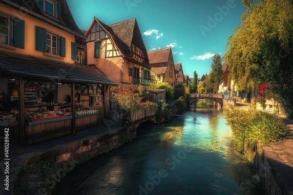 Fototapeta Quaint village lined by river, with colorful buildings and arched bridge under bright sky