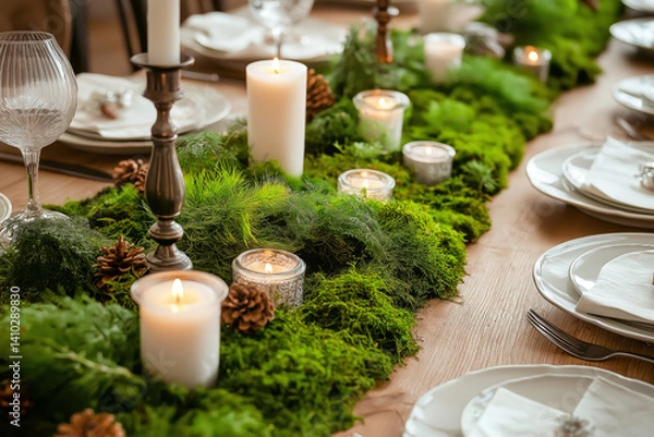Fototapeta Stabilized moss used in a creative table runner design for an elegant dinner setting, surrounded by candles and fine china.