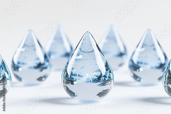 Fototapeta Close-up of multiple clear, droplet-shaped objects filled with water and small bubbles on white background