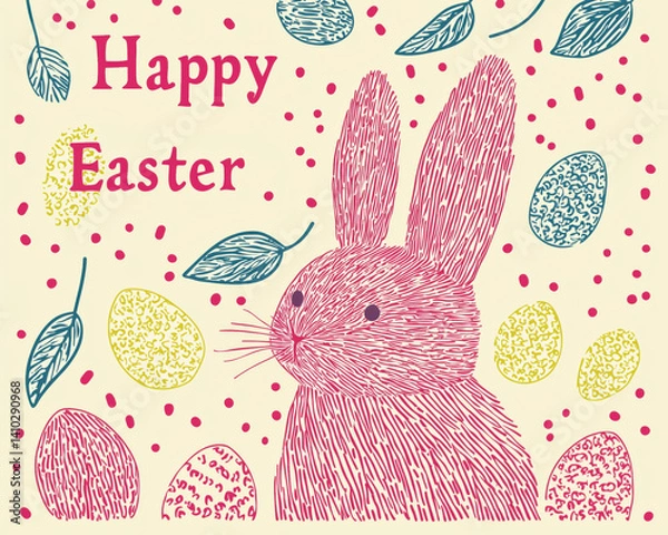 Fototapeta Hand drawn drawing, kids' art doodle illustration of Easter bunny with funny ears, cute adorable whimsical rabbit for Happy Easter Holiday season, greeting card, graphic design background template