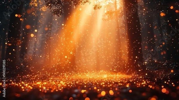 Fototapeta Enchanted forest light beams magical glow bokeh effect fantasy landscape ethereal nature scene mystical woods