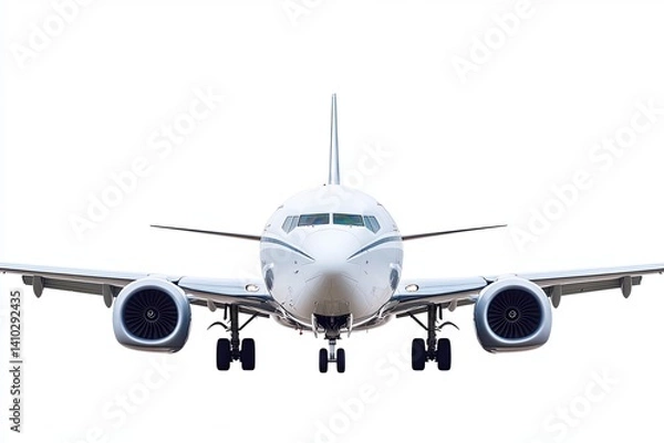 Fototapeta Airplane Aircraft faces forward against a pure white backdrop, highlighting the wings, fuselage and turbines