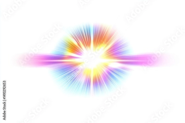 Fototapeta Radiating light burst with colorful, blurred lines and bright center, on a clean white background