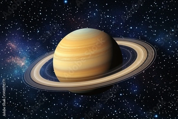 Fototapeta Ringed planet with layered yellow atmosphere and numerous rings in space amidst distant stars