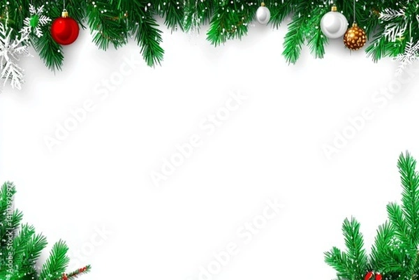 Fototapeta Festive frame with fir branches, ornaments, snowflakes creates a cheerful seasonal border. Ideal for holiday themed layouts