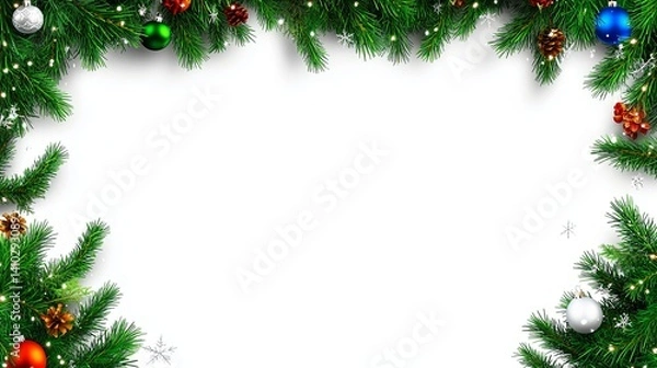 Fototapeta Festive frame pine branches, ornaments, cones, and berries on white. Perfect for holiday greetings