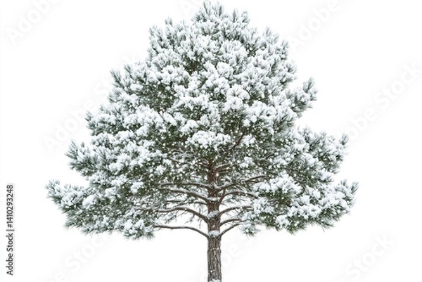 Fototapeta Snow-covered evergreen tree. Crisp winter day. Delicate snow texture. Isolated on bright white background, beautiful winter scene