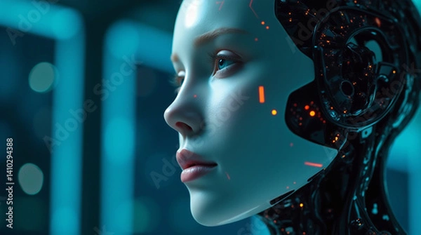 Obraz Artificial intelligence, ai futuristic digital technology, robot or android face close-up, digital smart future world concept