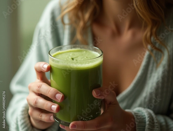 Obraz Woman drink healthy green smoothie made with fresh ingredients. Vegan and nutritious breakfast concept