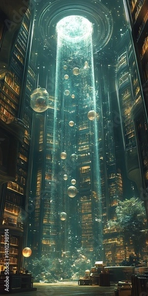 Fototapeta Light beam shines through a tall cylindrical structure illuminating the ground below.