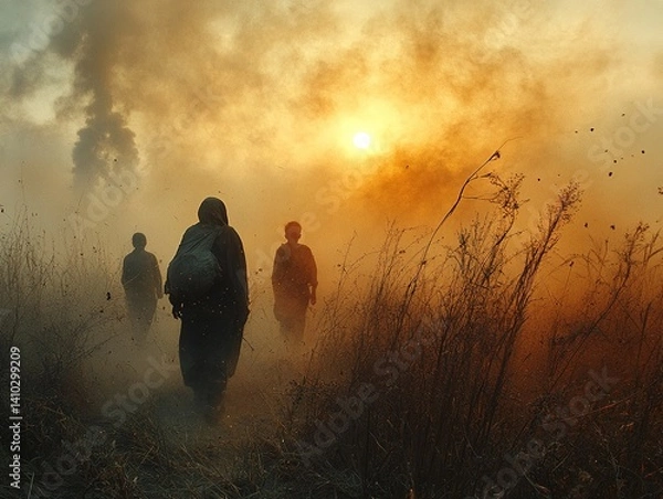 Fototapeta Three figures walk through a field with smoke or dust and golden sunlight.