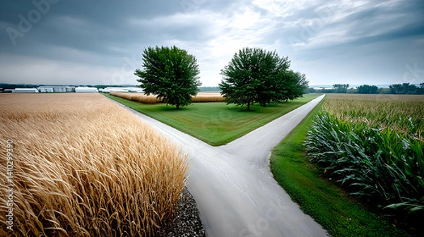 Fototapeta Rural crossroads with wheat and corn fields under a dramatic sky