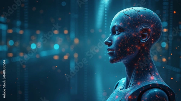 Obraz Artificial intelligence, ai futuristic digital technology, robot or android face close-up, digital smart future world concept