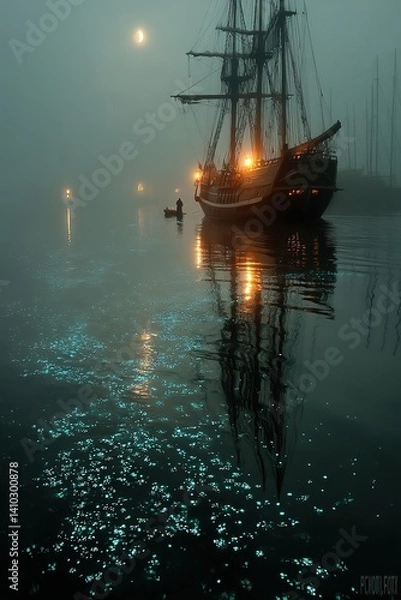 Fototapeta Ship on water with lights reflected in the water under a foggy sky.