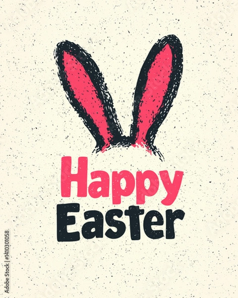 Fototapeta Hand drawn drawing, kids' art doodle illustration of Easter bunny with funny ears, cute adorable whimsical rabbit for Happy Easter Holiday season, greeting card, graphic design background template