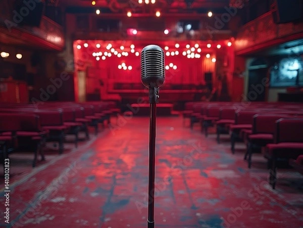 Fototapeta Microphone stands on stage in empty theater with red seats and lighting.