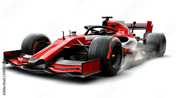 Fototapeta 3D render of a red Formula One car isolated on a white background, 
