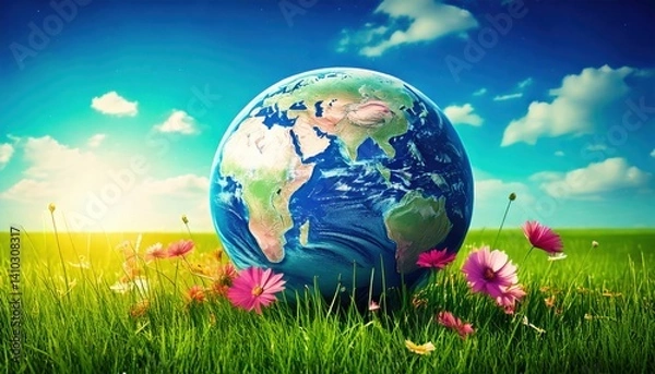 Obraz A realistic globe of Earth rests in a green field with pink wildflowers under a glowing sunrise and a bright blue sky.