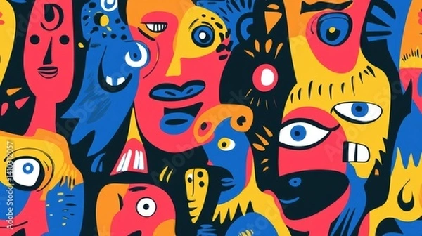 Obraz A vibrant abstract composition of stylized faces and figures in bold colors and geometric shapes.