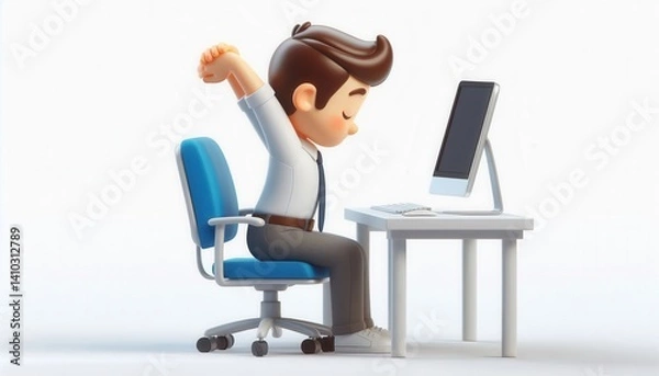 Fototapeta Office worker stretching at desk modern workspace digital illustration professional environment