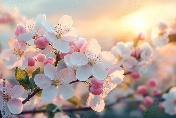 Fototapeta Apple tree blooming branch with pink flowers at sunrise in springtime. Awakening of spring. Delicate apple blossoms and buds.