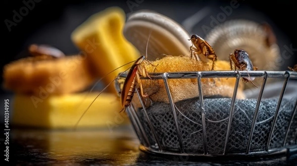 Obraz Close-up of Cockroaches on Dirty Sponge in Kitchen Sink Environment