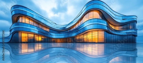 Obraz Modern Blue Glass Building Reflection Dusk