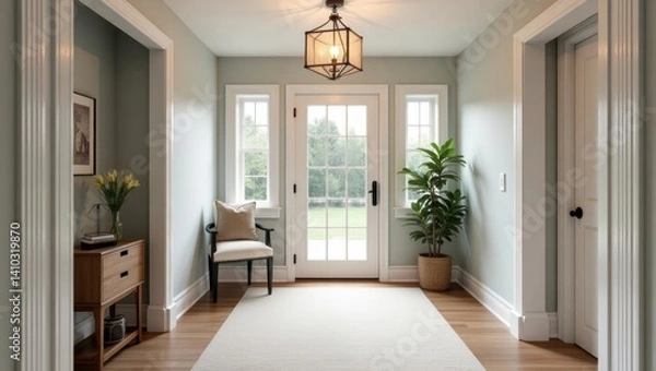 Fototapeta Wonderful corridor in white version, minimalist style and farmhouse