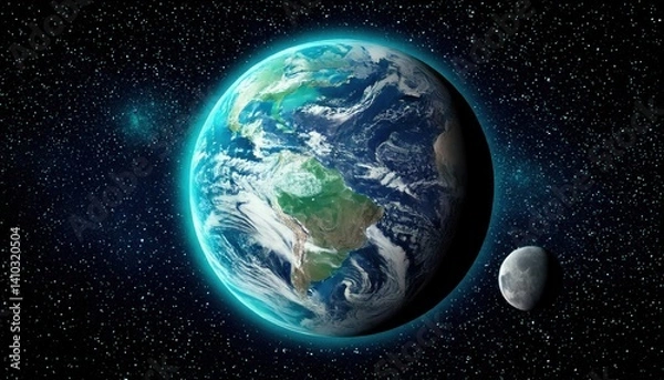 Obraz Beautiful view of planet Earth with visible cloud formations and South America, accompanied by the Moon in a starry space scene.